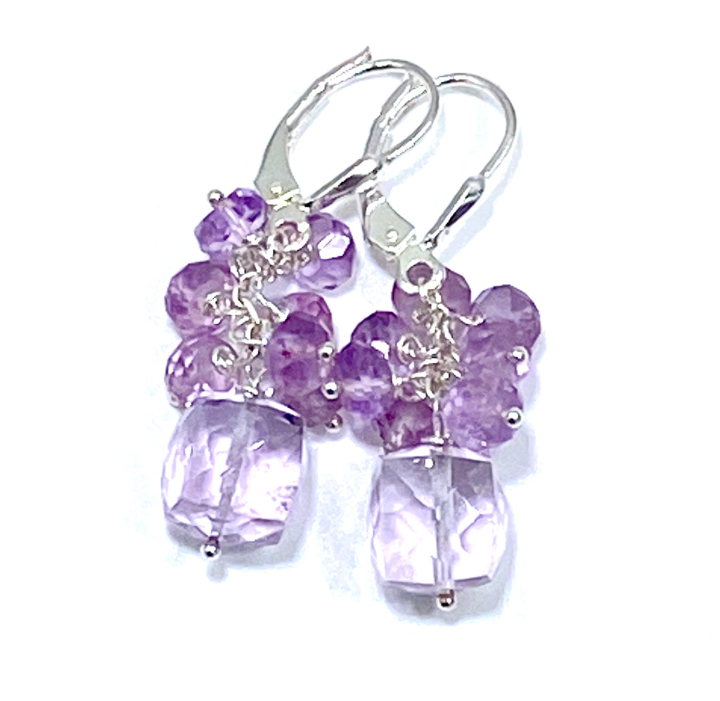 Pink Amethyst Cube Gemstone Cluster Earrings Sterling Silver - doolittlejewelry