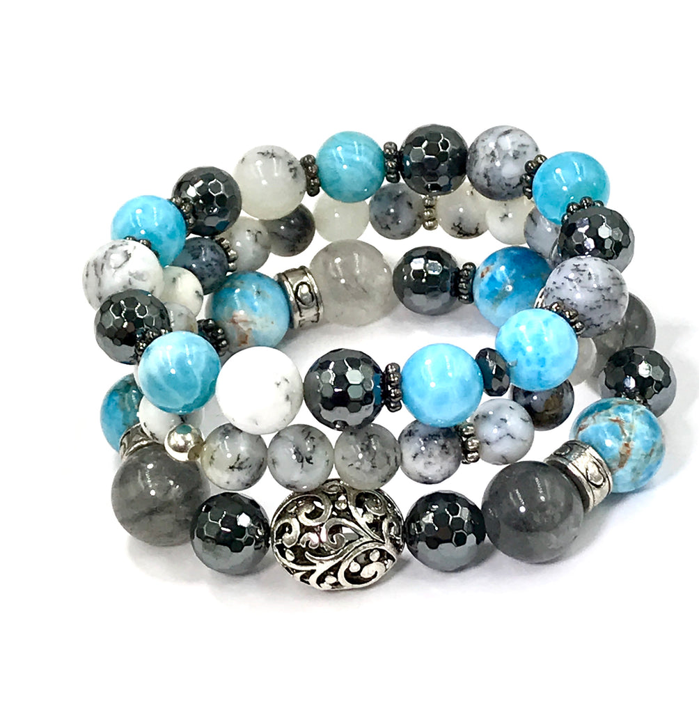 Dendritic Opal Blue Grey Silver Boho Stretch Bracelet Stacking Set of 3 - doolittlejewelry