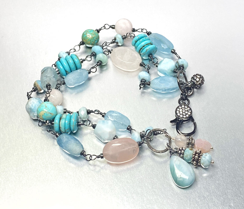 Oxidized Silver Wire Wrap Multistrand Bracelet Larimar Aquamarine - Doolittle