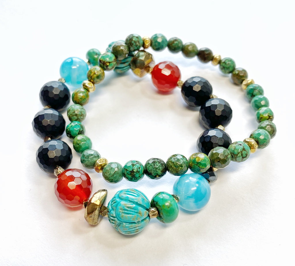 Gemstone Strech Bracelets Set of 2: Carnelian, Turquoise, Onyx