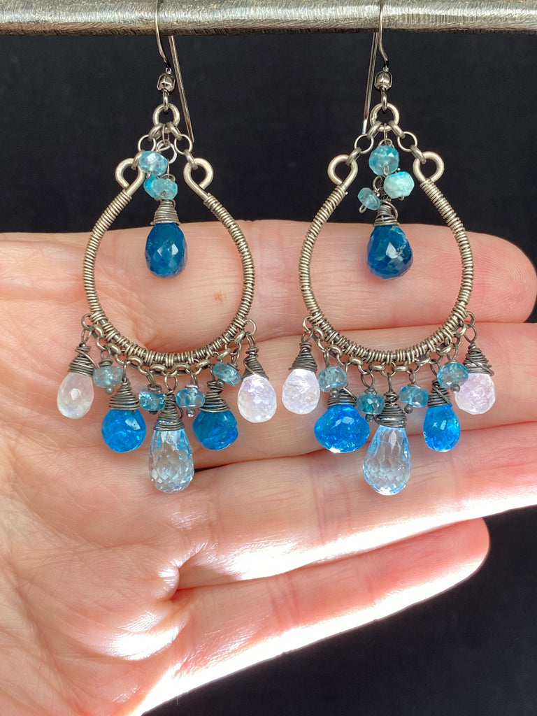 Rainbow Moonstone Hoop Earrings Oxidized Silver Blue Topaz Teal Apatite - doolittlejewelry