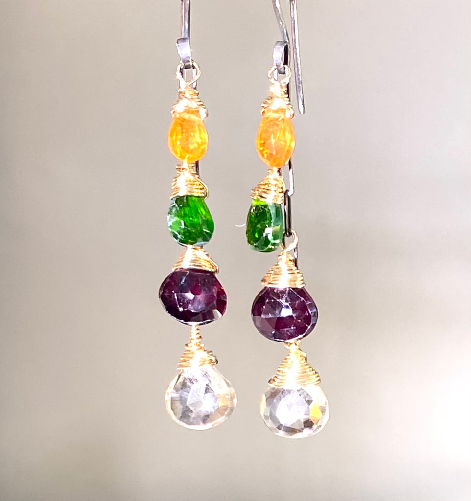 Multi Gemstone Dangle Earrings Mixed Metal Garnet Chrome Diopside