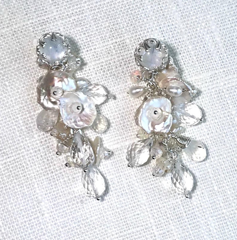 Sterling Silver, Crystal, Pearl and Moonstone Bridal Earrings - doolittlejewelry
