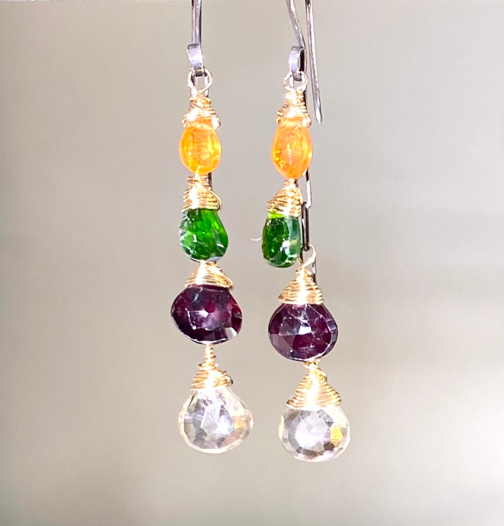 Multi Gemstone Dangle Earrings Mixed Metal Garnet Chrome Diopside