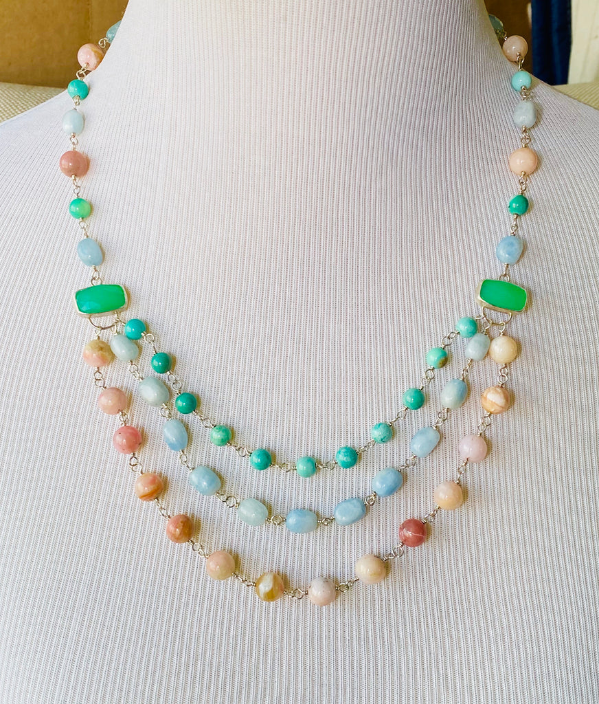 Multi-strand Necklace Multi-color Gemstone Wire Wrapped Opal Chrysoprase Aquamarine - doolittlejewelry