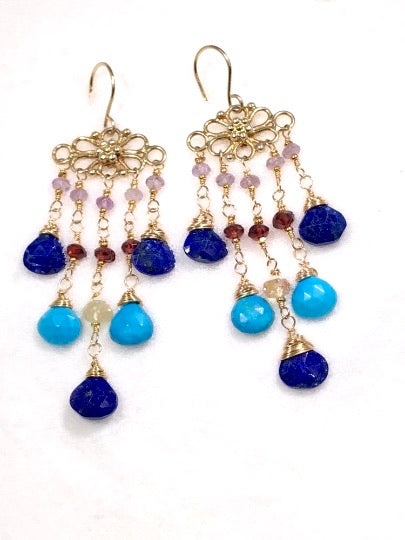 Turquoise, Blue Lapis and Garnet Chandelier Earring - doolittlejewelry