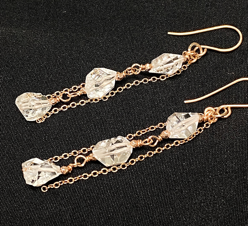 Herkimer Diamond Crystal Long Rose Gold Dangle Earrings