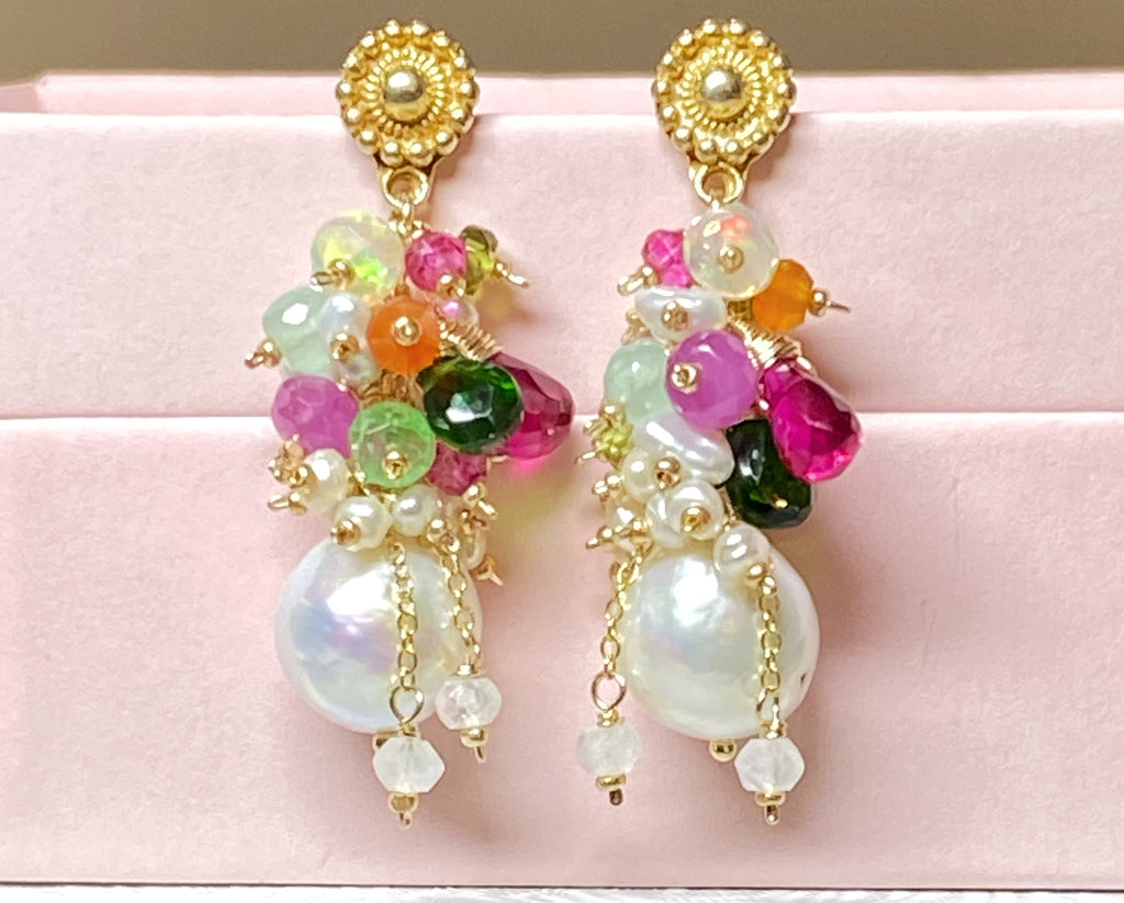 Colorful Gemstone Pearl Cluster Earrings Gold Post