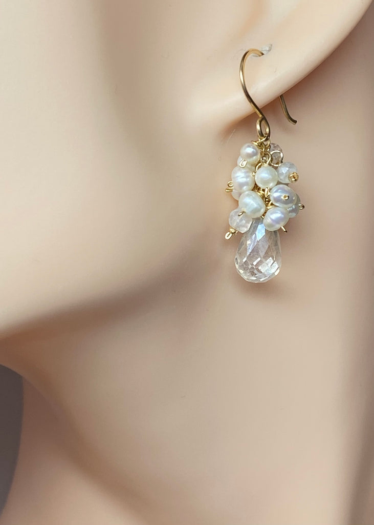 Mystic Silver Quartz Crystal Pearl Cluster Earrings 14kt Gold Fill