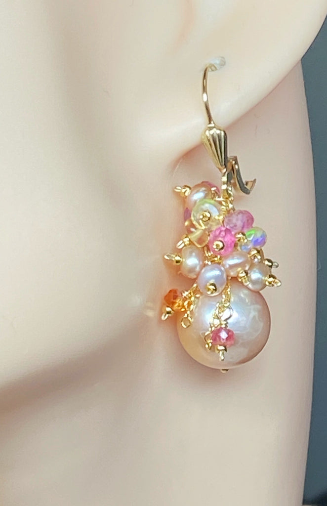wedding pearl earrings; gemstone clusters of opals, pink pearls, pink orange yellow gemstones