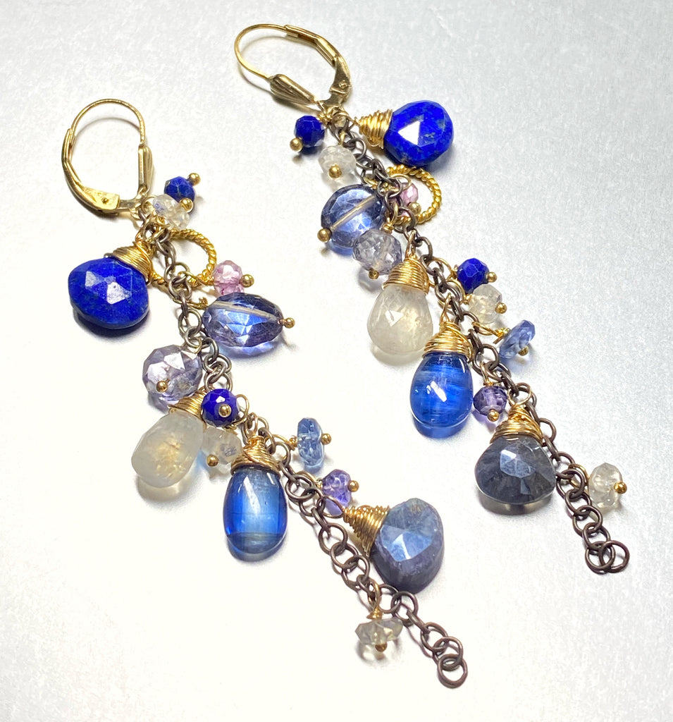 Blue Dangle Earrings Lapis Kyanite Mixed Metals