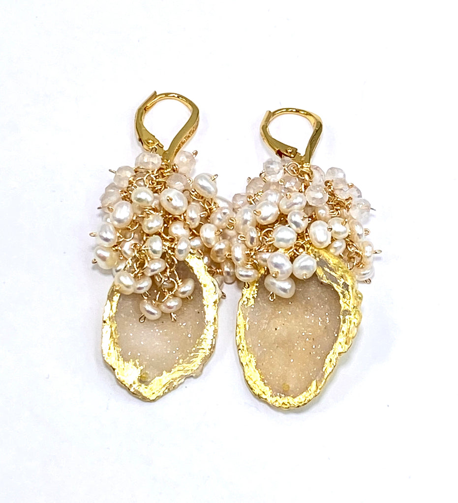 Ivory Beige Tabasco Geode Pearl Cluster 24 kt Gold Leaf Earrings - doolittlejewelry