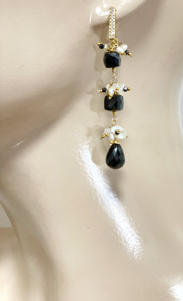 Black Spinel White Pearl Long Dangle Earrings