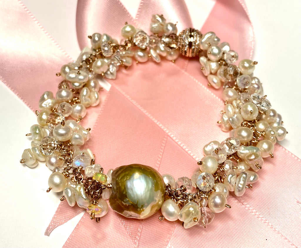 Baroque Pearl Rose Gold Cluster Bracelet Keishi Pearl Moonstone Crystal Quartz