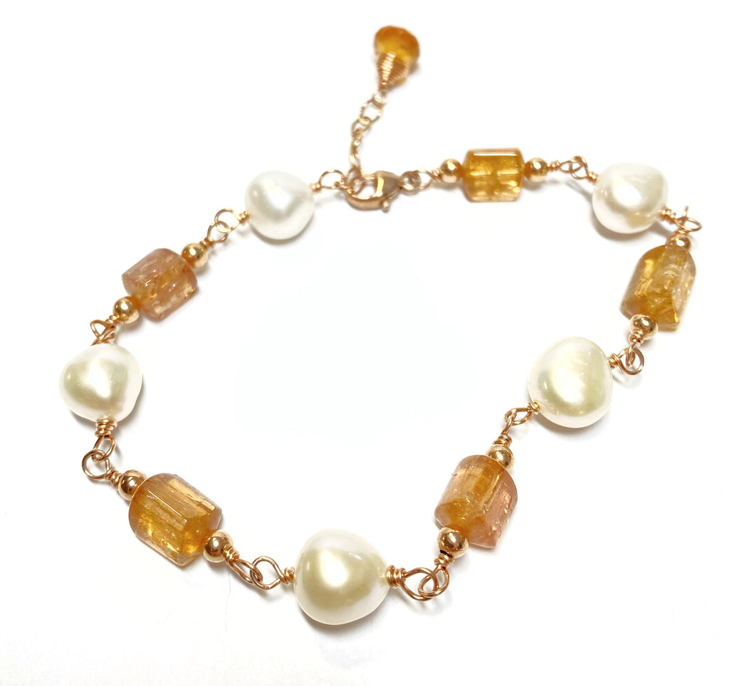 Imperial Topaz, Pearl and Rose Gold Wire Wrapped Bracelet