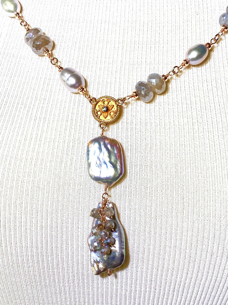Rose Gold Silver Grey Pearl Moonstone Gemstone Long Necklace Sautoir