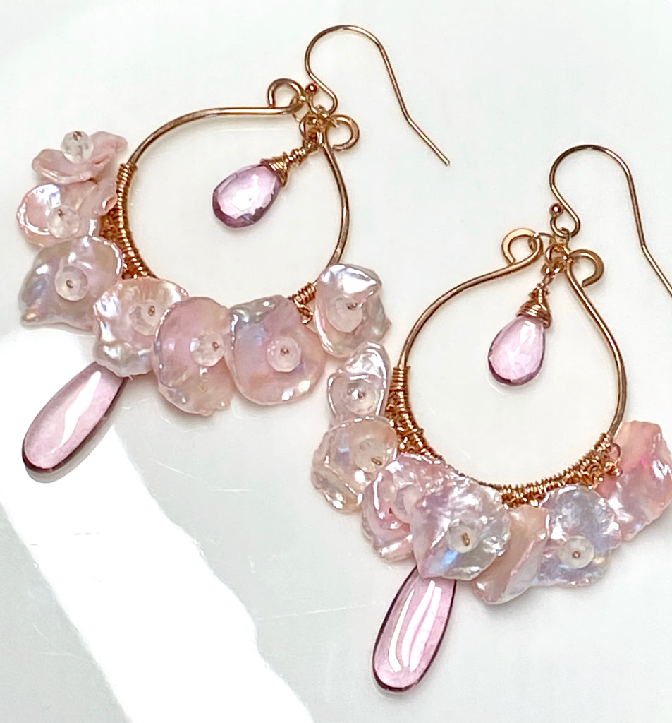 Rose Gold Hoop Earrings with Blush Keishi Pearls and Pink Topaz