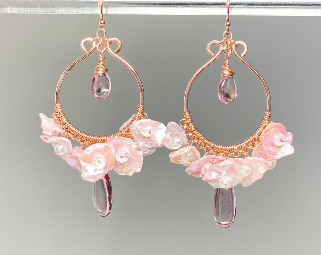 Rose Gold Hoop Earrings with Blush Keishi Pearls and Pink Topaz