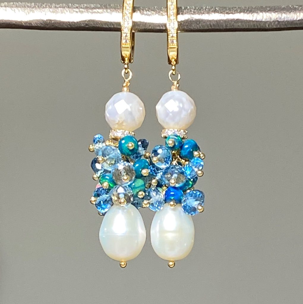 Pearl and London Blue Topaz and Opal Cluster Earrings - doolittlejewelry