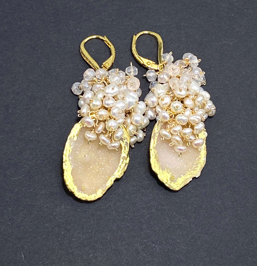 Ivory Beige Tabasco Geode Pearl Cluster 24 kt Gold Leaf Earrings - doolittlejewelry