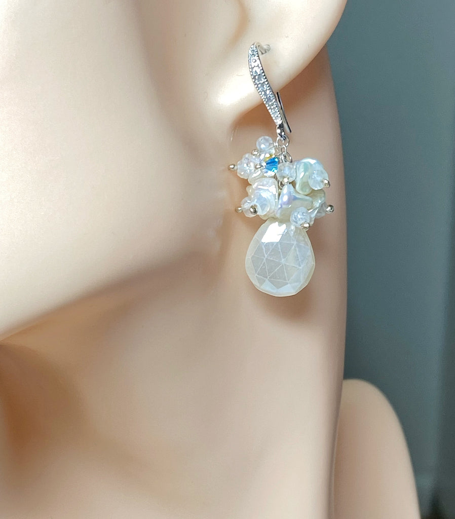 Mystic Ivory Chalcedony Keishi Pearl Cluster Earrings