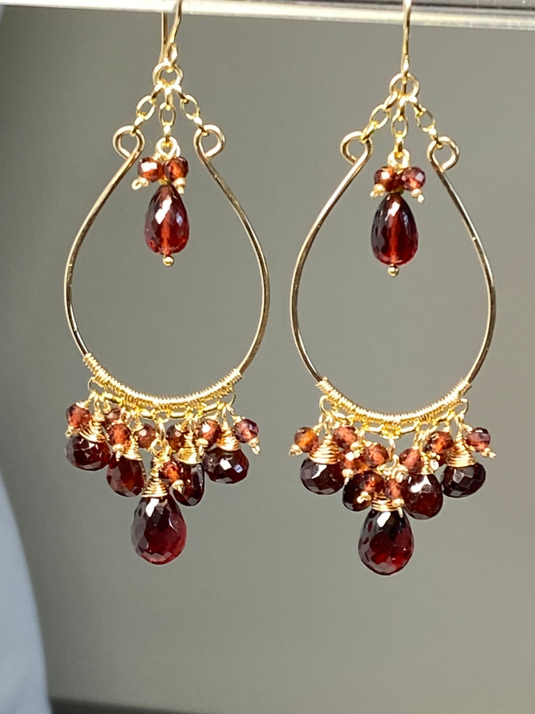 Red Garnet Gold Statement Chandelier Hoop Earrings