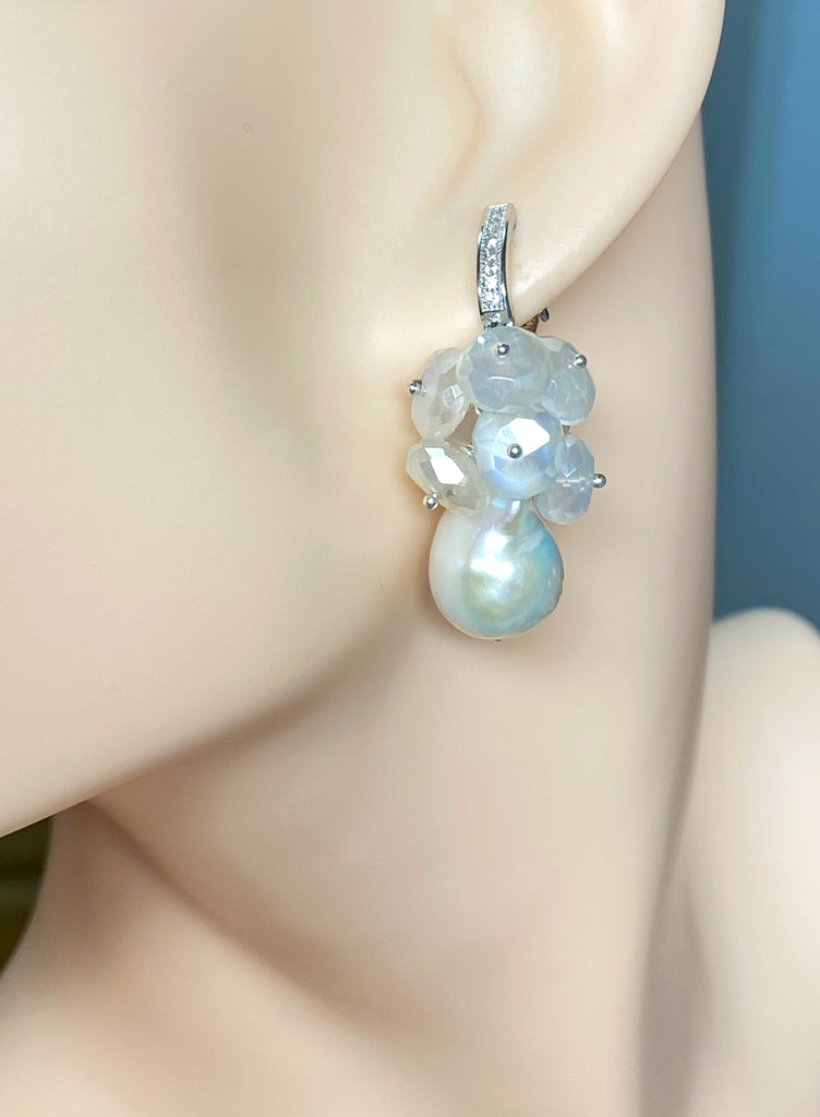 Baroque Pearl and Mystic Moonstone Sterling Silver Bridal Gemstone Cluster Earrings
