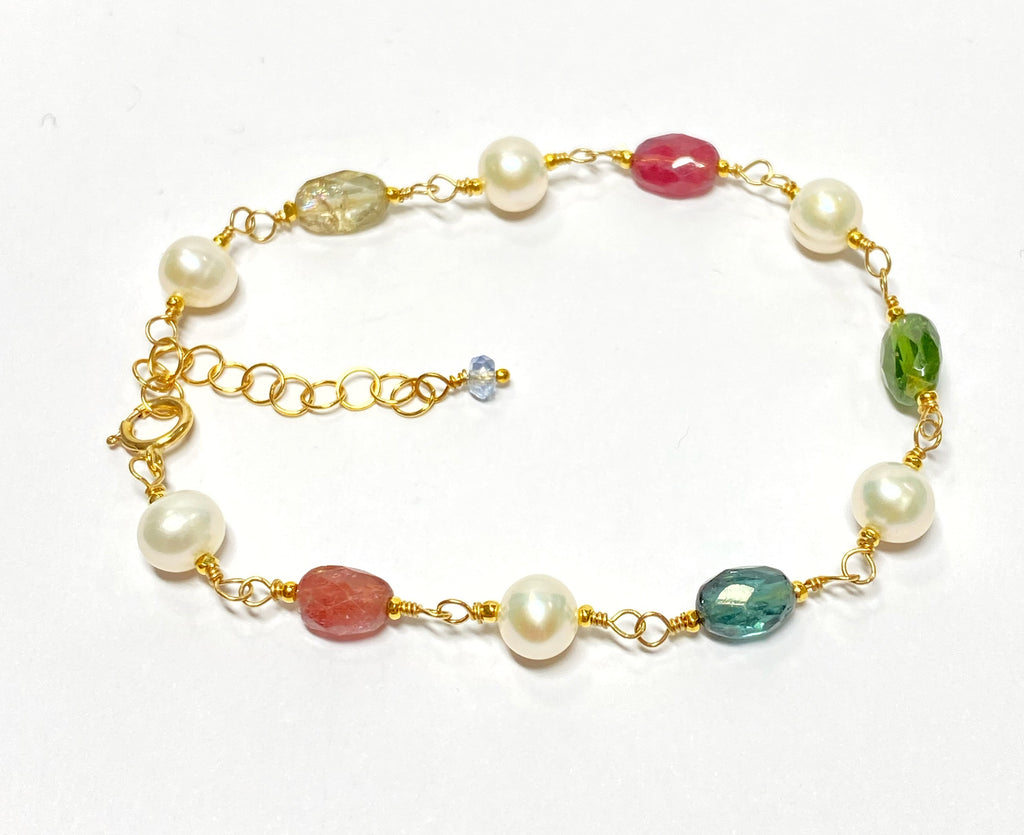 Tourmaline and Pearl Wire Wrapped Bracelet in Gold Fill Adjustable