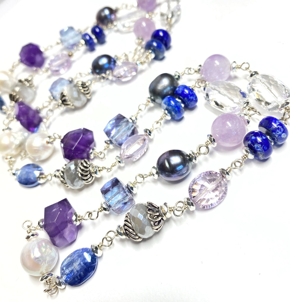 Long Blue Violet Necklace Amethyst Kyanite Pearl Crystal Quartz Sterling Silver