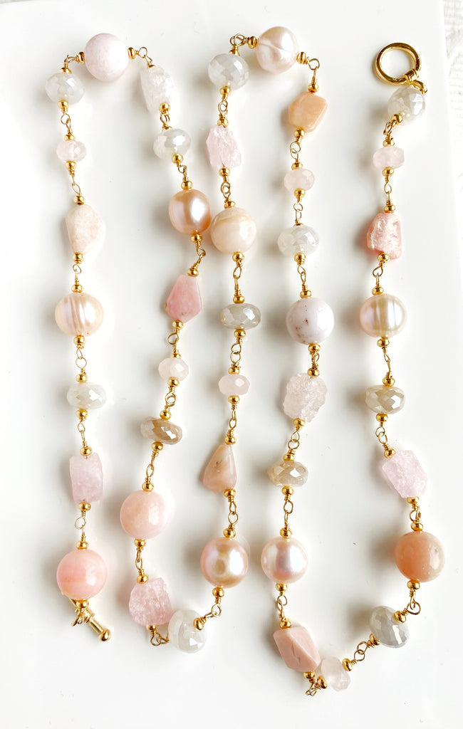 Pink Blush Gemstone and Pearl Long Necklace Gold Fill Wire Wrap