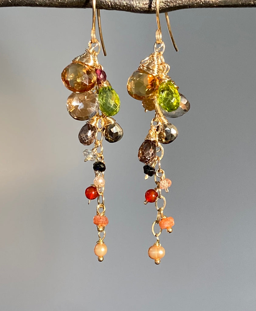 Citrine and Multi Gem Stone Dangle Earrings, Gold Chain Tassel with Peridot