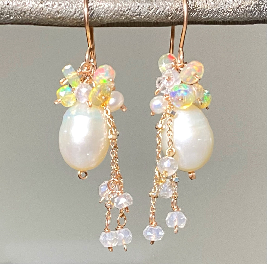 Rose Gold, Opal Cluster, Pearl Earrings