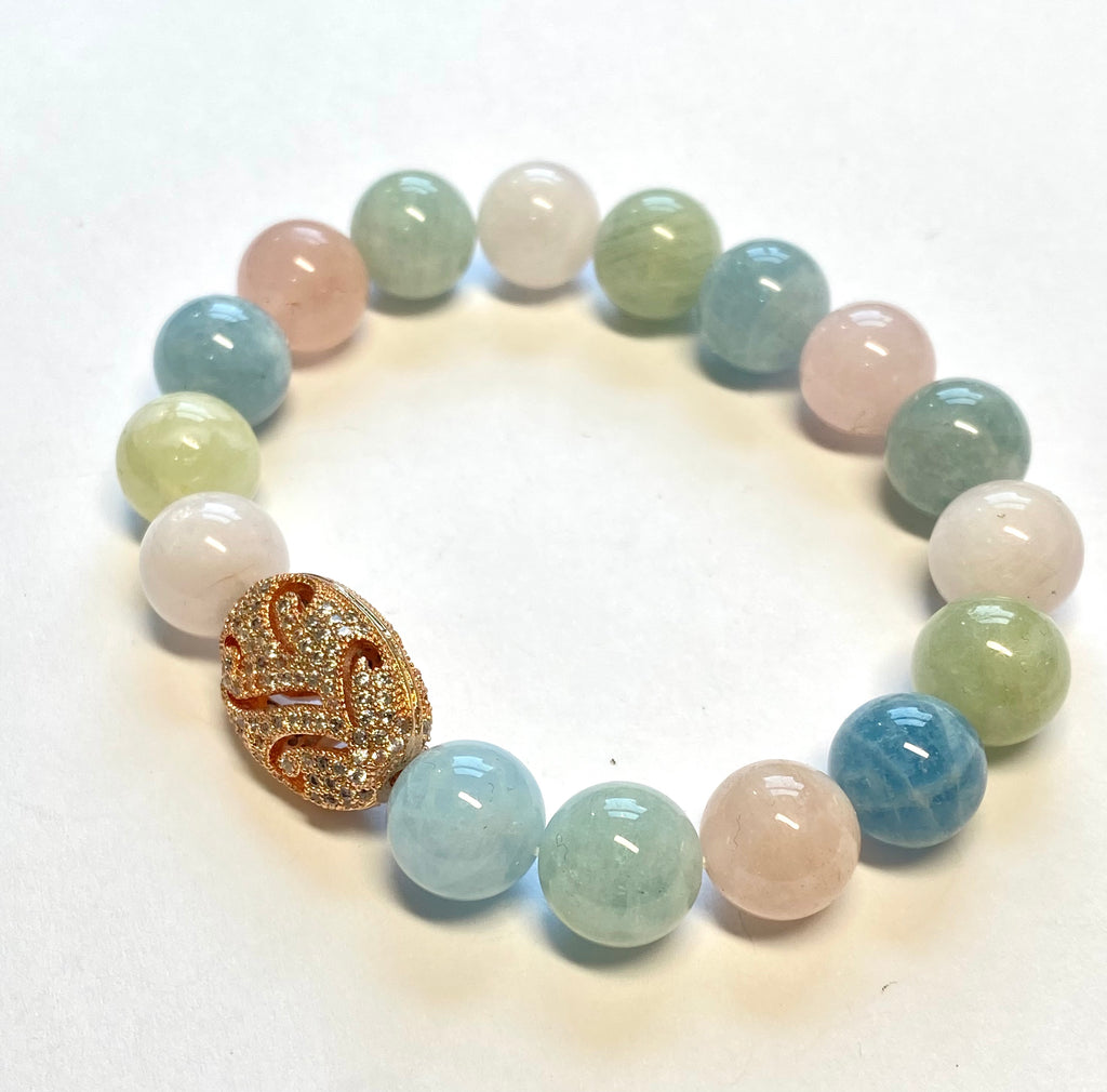 Morganite, Aquamarine Pastel Gemstone Stretch Bracelet, 10 mm, Rose Gold Pave Bead