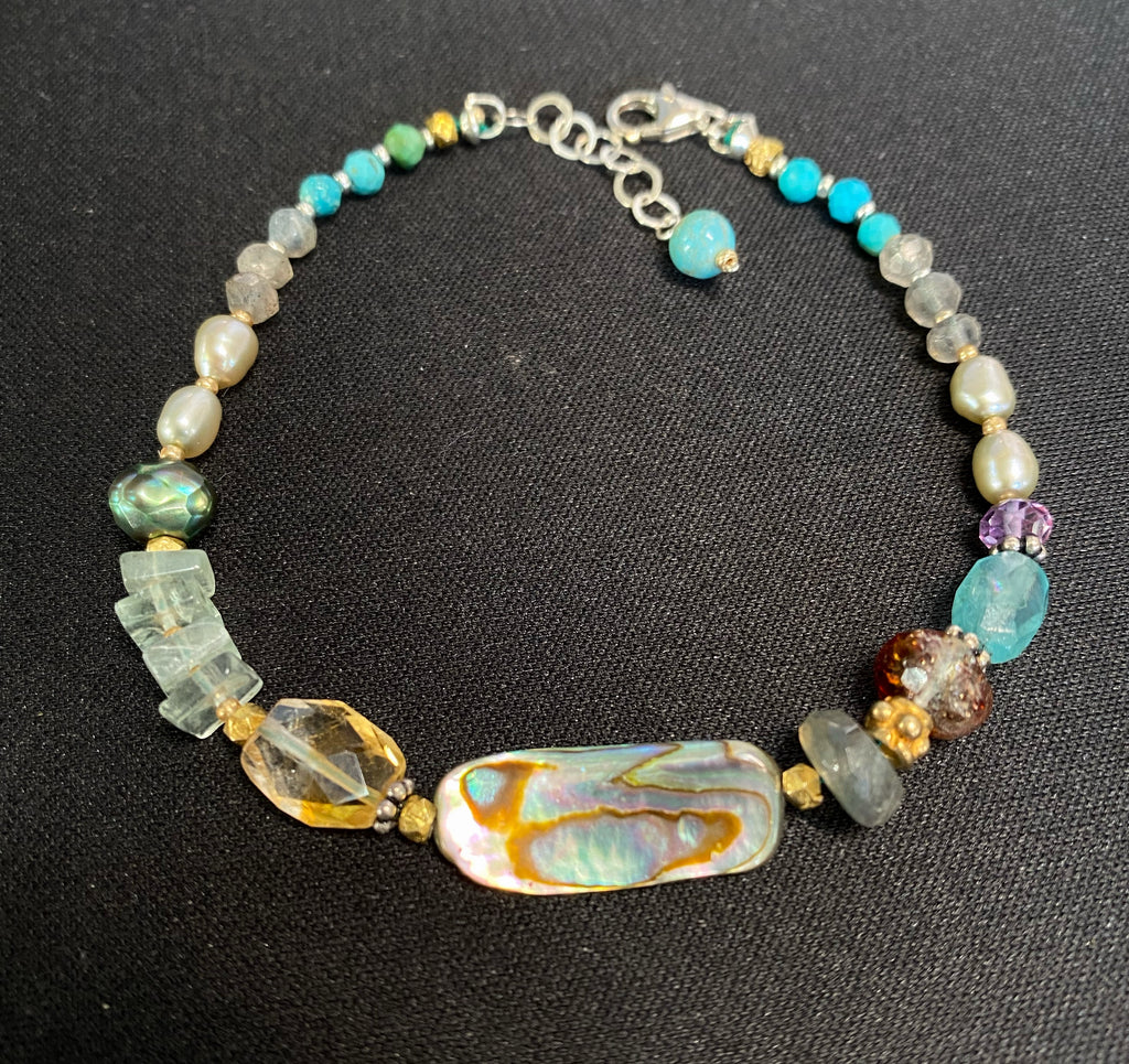 Gemstone, Abalone, Pearl Coastal Chic Boho Bracelet
