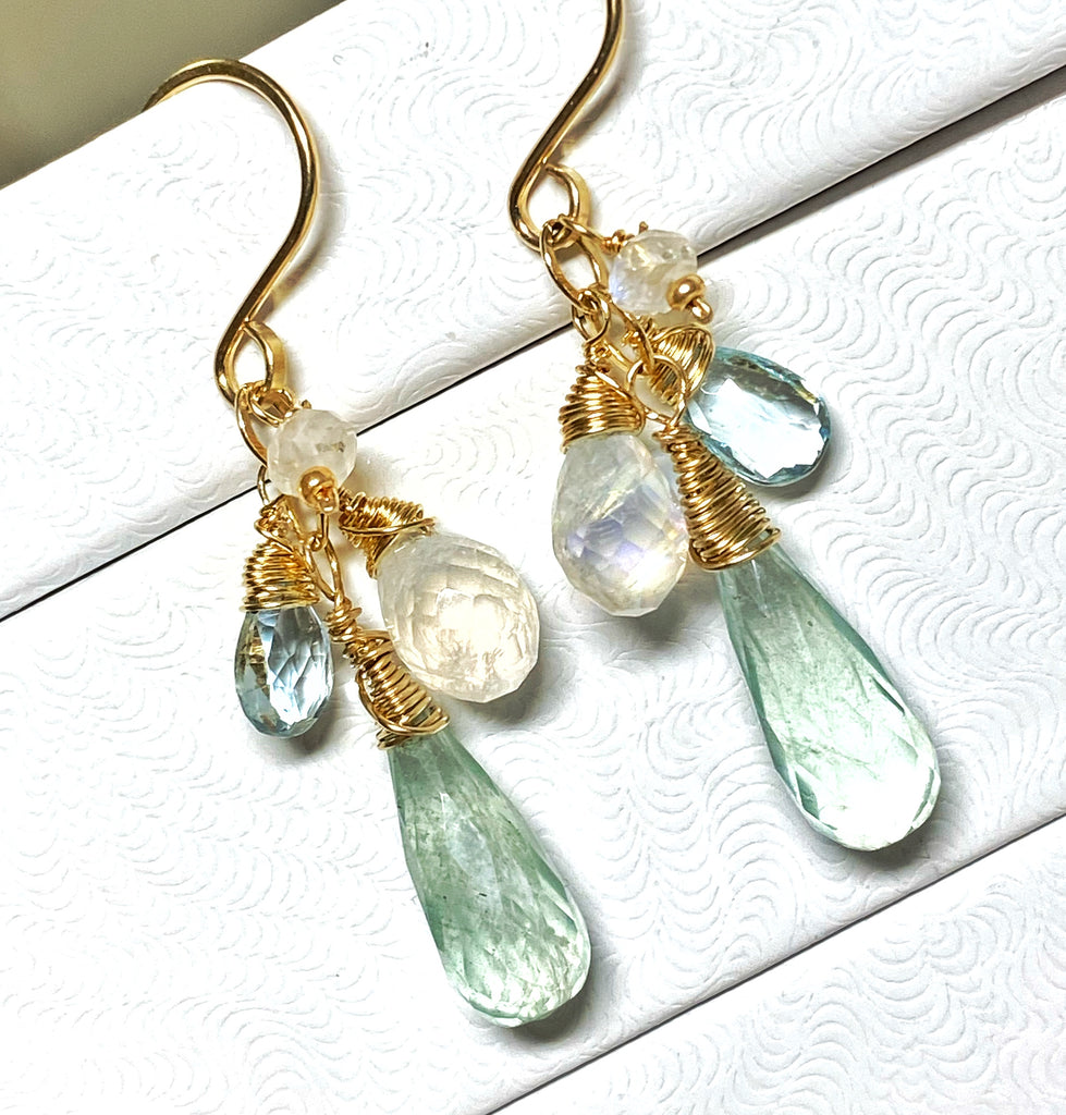 aquamarine, blue topaz, moonstone dangle earrings gold fill