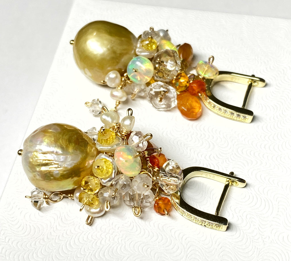 Pond-slime Baroque Pearl and Gemstone Cluster Earring