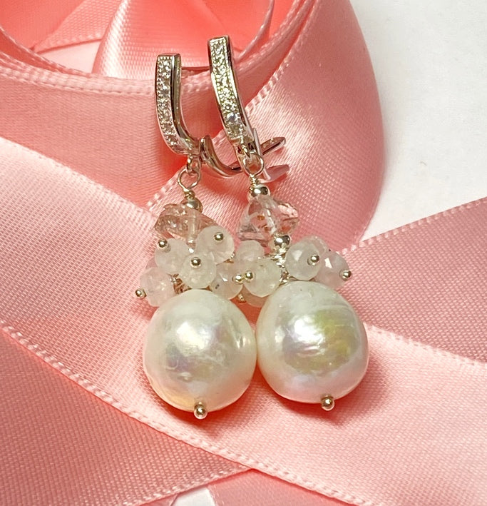 Herkimer Diamond, Edison Pearl, Moonstone Cluster Wedding Earrings