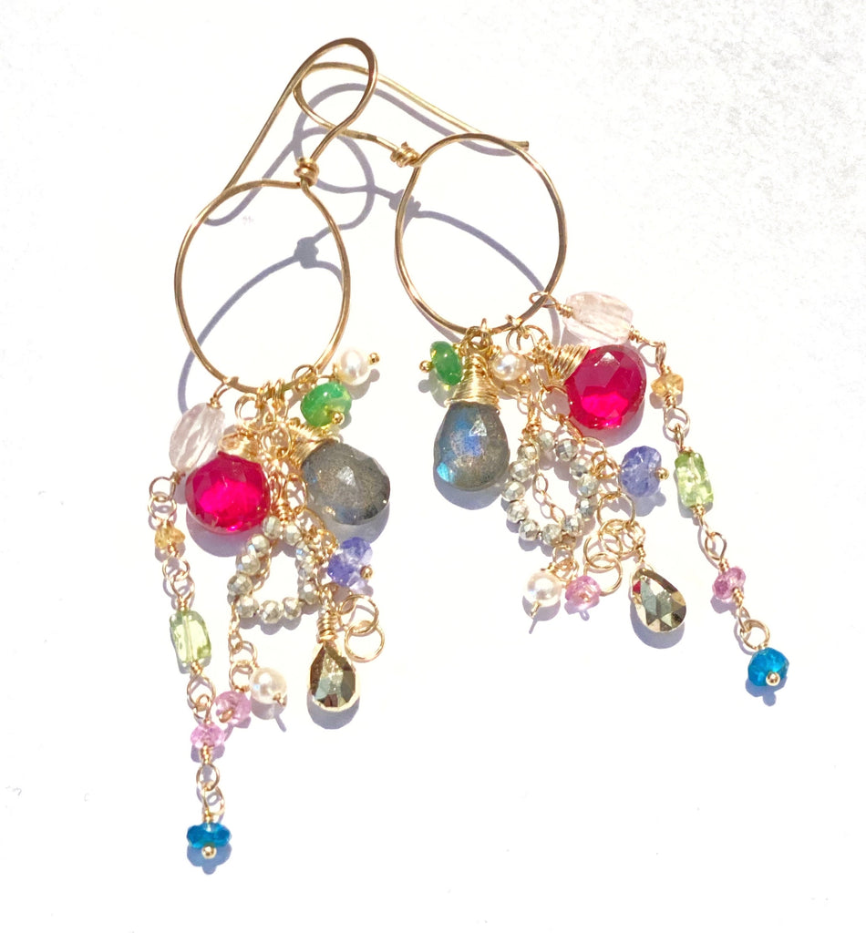 Multi-color Gemstone Dangle Earrings Gold Chain Red Topaz