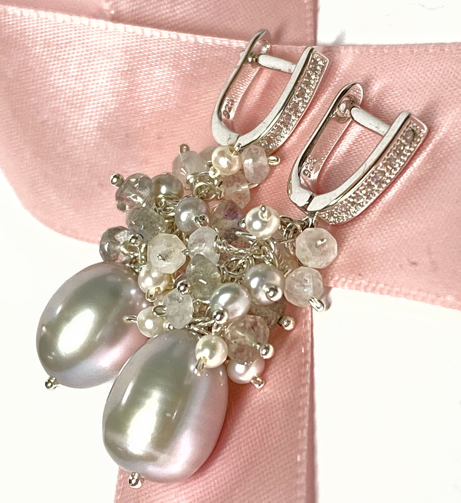 gray pearl labradorite cluster earrings sterling silver