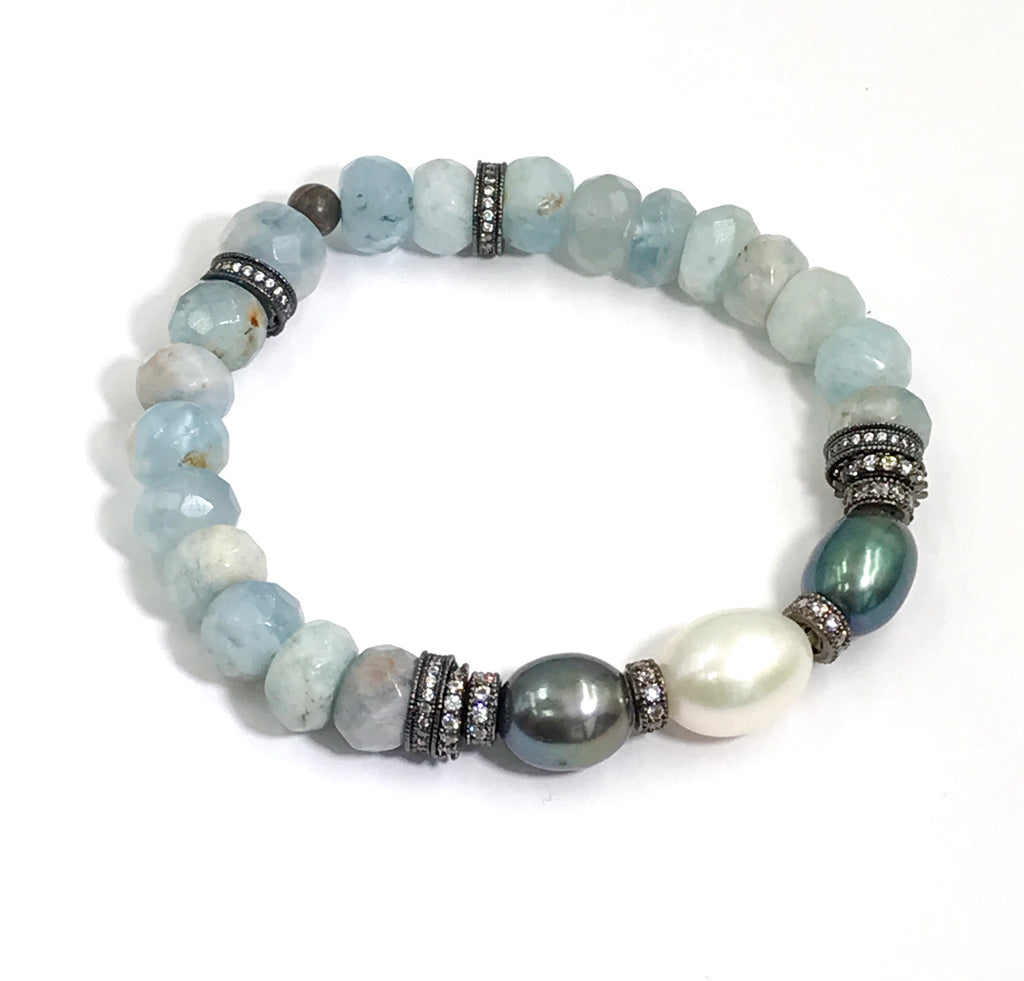 Aquamarine, Labradorite Gemstone Stack and Stretch Layering Bracelets Set - doolittlejewelry