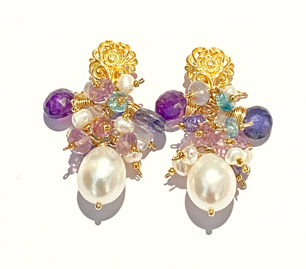 Gemstone Cluster Pearl Earrings Amethyst Iolite Gold Post