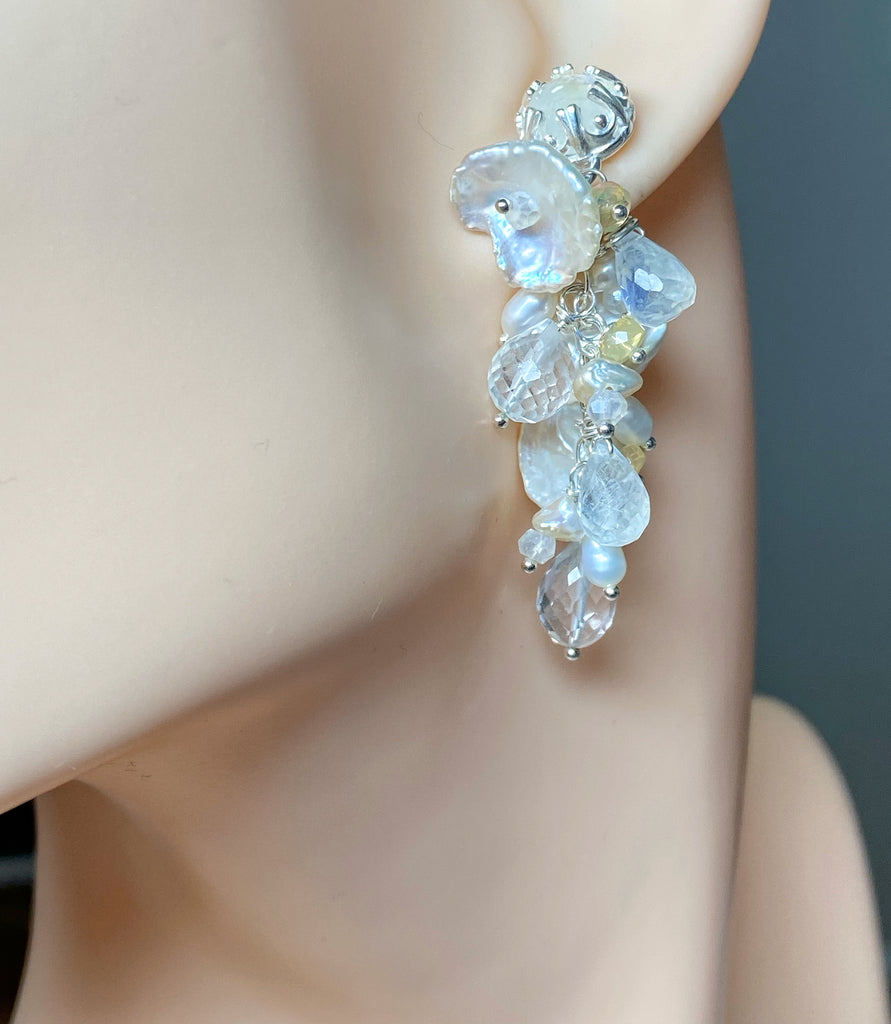 Sterling Silver, Crystal, Pearl and Moonstone Bridal Earrings - doolittlejewelry