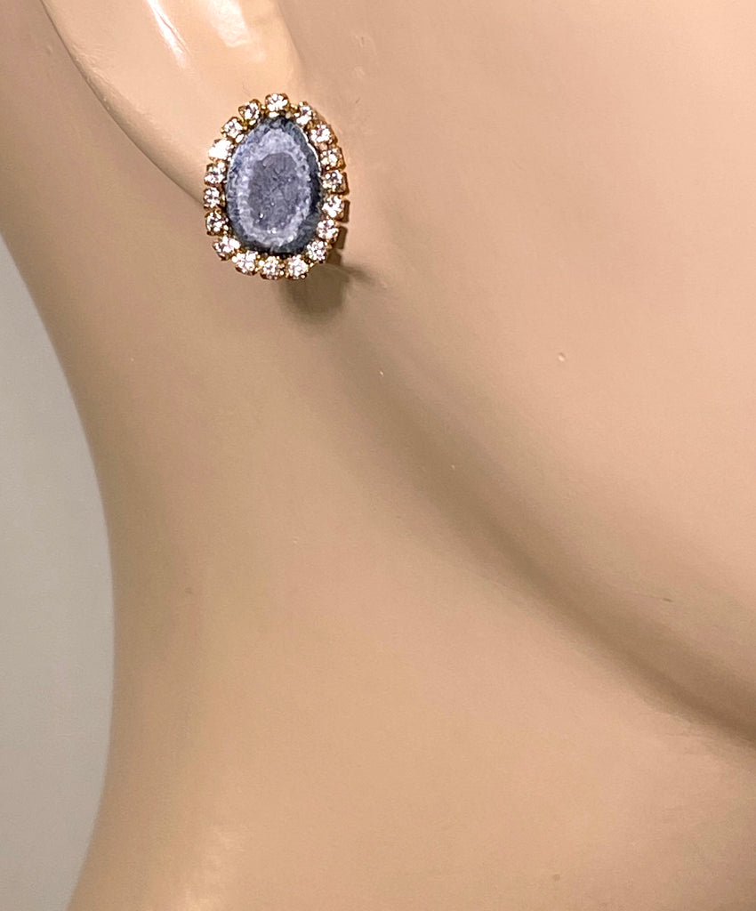 Tabasco Geode Stud Earrings Black & Lavender Grey Druzy Crystals - doolittlejewelry