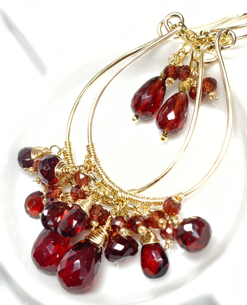 Red Garnet Gold Statement Chandelier Hoop Earrings