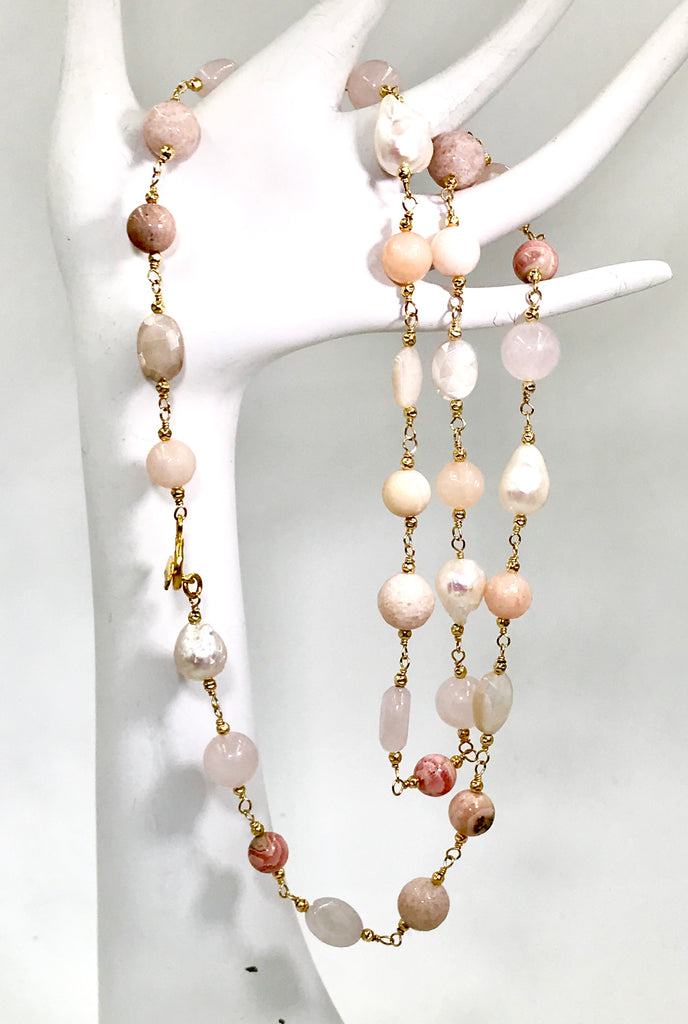 Long Multi Gemstone Blush Stone Pearl Wire Wrap Necklace 14kt Gold Fill - doolittlejewelry