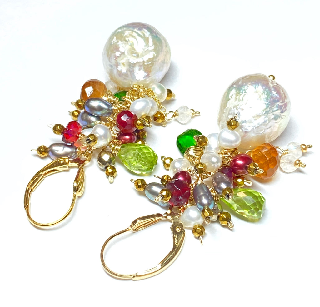 Edison white pearl earrings with clusters of gemstones:  peridot, chrome diopside, honey garnet and red opals