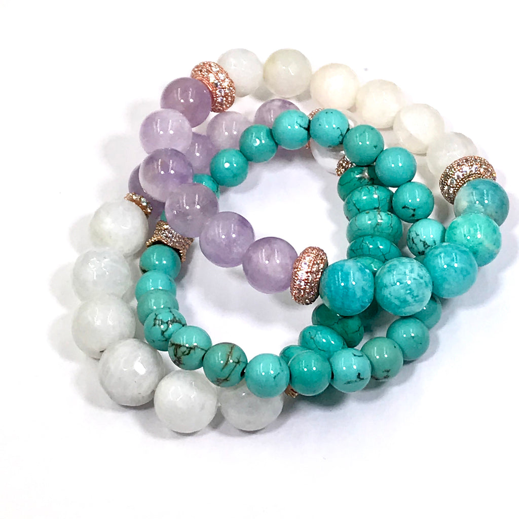 Turquoise Bracelet Stack Set of 3 Rose Gold Pave CZ Moonstone Lavender Quartz - doolittlejewelry