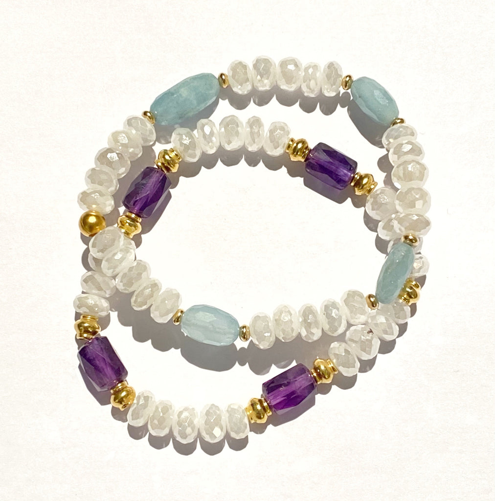 Amethyst and Ivory Mystic Moonstone Stretch Stacking Bracelet