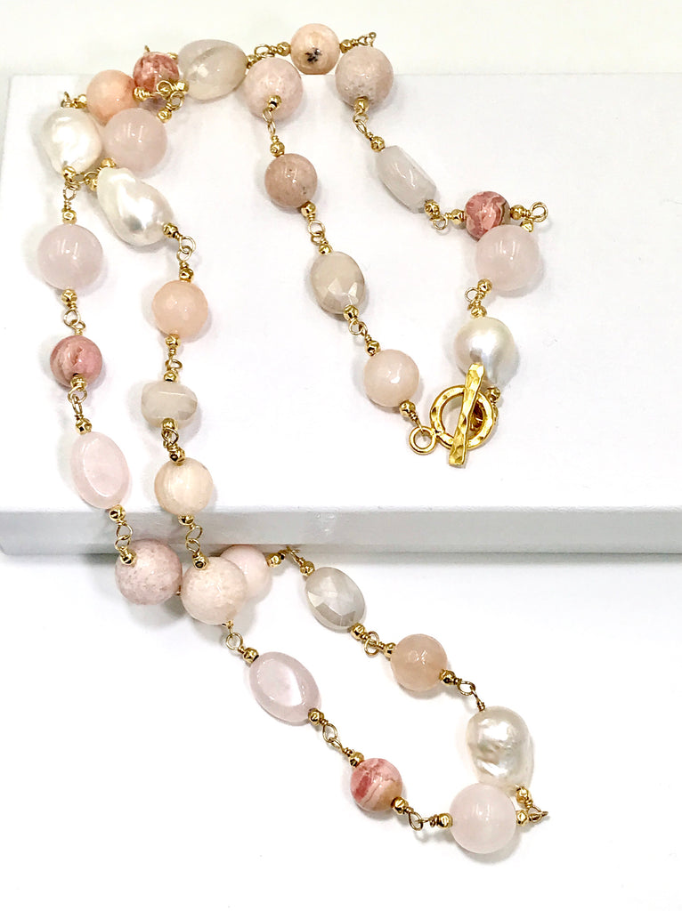 Long Multi Gemstone Blush Stone Pearl Wire Wrap Necklace 14kt Gold Fill - doolittlejewelry