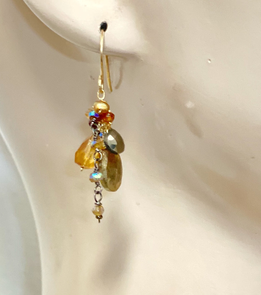 Gold Gemstone Sparkly Dangle Earrings
